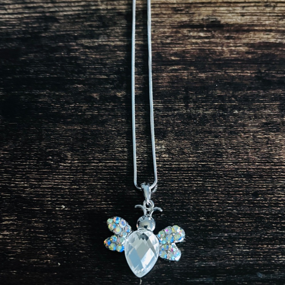Silver Iridescent AB Rhinestone Crystal Bee Pendant Snake Chain Necklace
